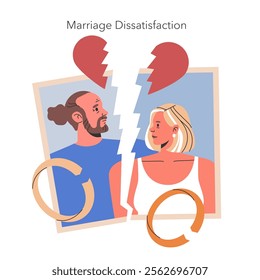 Marriage Dissatisfaction concept. A couple portrayed with a broken heart symbolizing relationship challenges. Relationship rift, emotional stress, and separation themes. Vector illustration.