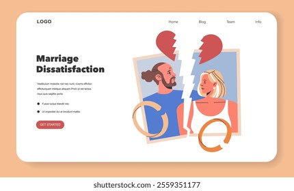 Marriage Dissatisfaction concept. Illustration of a couple with a broken heart symbol dividing their photo, depicting relationship issues. Web banner design. Vector illustration.