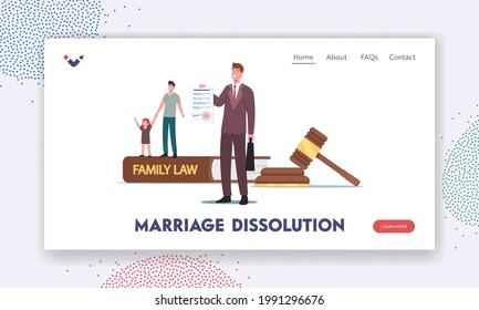 Marriage Dissolution Landing Page Template. Tiny Father Character with Little Daughter and Attorney at Huge Gavel, Family Law, Judge Courthouse During Court Hearing. Cartoon People Vector Illustration