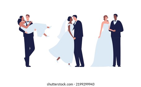 Marriage diversity character set. Vector flat design people wedding illustration. Heterosexual couple of bride in dress and groom in tuxedo isolated on white background. Romantic and love poses.