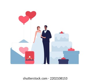 Marriage diversity character set. Vector flat design people wedding illustration. Heterosexual mixed ethnic couple of bride in dress and african groom in tuxedo. Cake, heart shape balloon, ring symbol