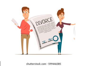 Marriage divorce set flat composition with unhappy partners drawn characters and written contract of marital separation vector illustration