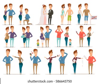 Marriage divorce set of flat married couple characters during rose and candy stage engagement child birth vector illustration