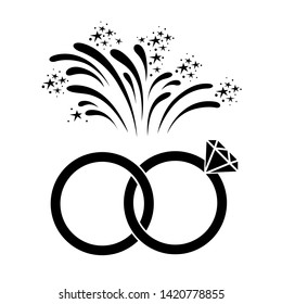 Marriage or engagement celebration icon. Bridal rings and fireworks. Vector Illustration 