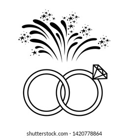 Marriage or engagement celebration line icon. Bridal rings and fireworks. Vector Illustration 