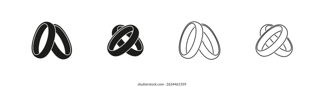 Marriage and engagement rings icons in outline and filled vector set