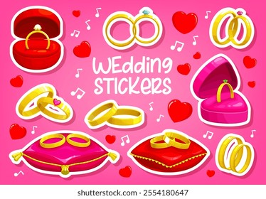 Marriage, engagement and wedding rings stickers pack on pink hearts vector background. Cartoon gift boxes and jewelry display pillows with gold wedding and engagement rings with diamond gems