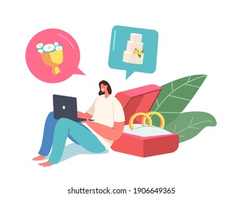 Marriage Event Organization, Plan Concept. Happy Bride Female Character Sitting with Laptop Planning Wedding Ceremony, Making Guests List and Counting Event Cost. Cartoon People Vector Illustration