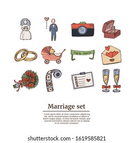 Marriage hand drawn doodle set. Vector illustration. Isolated elements on white background. Symbol collection.