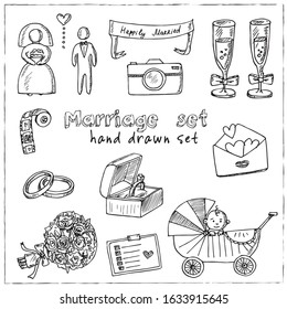 Marriage hand drawn doodle set. Vector illustration. Isolated elements on white background. Symbol collection.