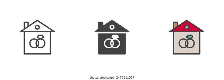 Marriage house different style icon set. Line, glyph and filled outline colorful version, outline and filled vector sign. House with wedding rings Symbol, logo illustration. Vector graphics