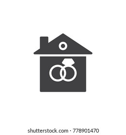 Marriage house icon vector, filled flat sign, solid pictogram isolated on white. House with two bonded wedding rings symbol, logo illustration.