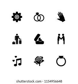 marriage icon. 9 marriage set with hand of black human, wedding, ring with precious gem and wedding rings couple vector icons for web and mobile app