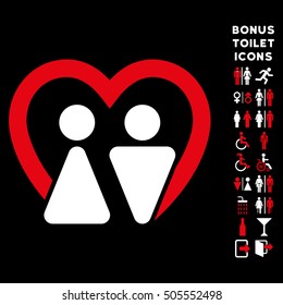 Marriage icon and bonus gentleman and lady WC symbols. Vector illustration style is flat iconic bicolor symbols, red and white colors, black background.