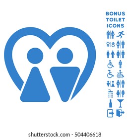 Marriage icon and bonus male and female WC symbols. Vector illustration style is flat iconic symbols, cobalt color, white background.