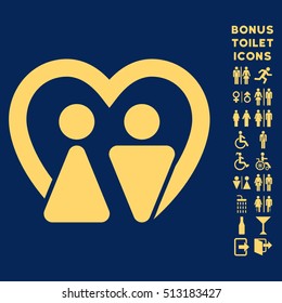 Marriage icon and bonus man and lady toilet symbols. Vector illustration style is flat iconic symbols, yellow color, blue background.