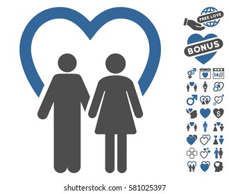 Marriage icon with bonus passion pictograph collection. Vector illustration style is flat iconic cobalt and gray symbols on white background.