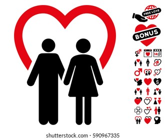 Marriage icon with bonus passion pictures. Vector illustration style is flat iconic intensive red and black symbols on white background.