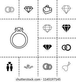 Marriage icon. collection of 13 marriage filled and outline icons such as gem, gay couple, ring in box, engagement rings, diamond. editable marriage icons for web and mobile.