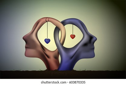 marriage icon, people head in love, blue man and red woman heads in love, surrealistic romantic dream,together forever, couple in love sculpture with hearts inside