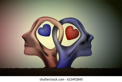 marriage icon, people head in love, blue man and red woman heads in love, surrealistic romantic dream, together forever, couple in love sculpture with hearts inside