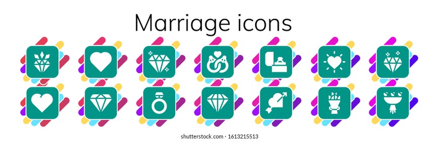 marriage icon set. 14 filled marriage icons.  Simple modern icons such as: Diamond, Heart, Gem, Ring, Marriage, Love, Bouquet