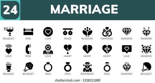 marriage icon set. 24 filled marriage icons.  Simple modern icons about  - Bouquet, Ring, Love, Rings, Blossom, Marriage, Diamond, Heart, Boyfriend