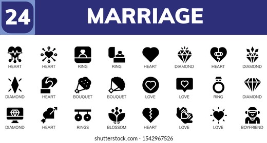 marriage icon set. 24 filled marriage icons.  Collection Of - Heart, Ring, Diamond, Bouquet, Love, Rings, Blossom, Boyfriend icons