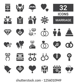 marriage icon set. Collection of 32 filled marriage icons included Hearts, Love, Tux, Heart, Broken heart, Ring, Diamond, Rings, Wedding rings, Heart balloon, Bride, Guest list