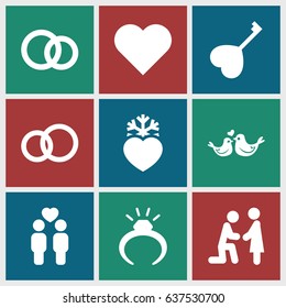 Marriage icons set. set of 9 marriage filled icons such as ring, gay couple, lovebirds, heart key, heart frozen, engagement rings, heart, engagement ring
