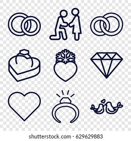 Marriage icons set. set of 9 marriage outline icons such as ring, diamond, lovebirds, heart frozen, ring in box, engagement rings, heart, engagement ring