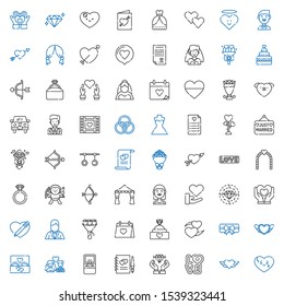 marriage icons set. Collection of marriage with broken heart, heart, love, diamond, guests book, engagement ring, newlyweds, wedding ring. Editable and scalable marriage icons.