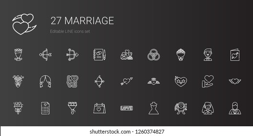 marriage icons set. Collection of marriage with cupid, wedding dress, love, wedding day, bouquet, wedding planning, heart, wedding arch. Editable and scalable marriage icons.