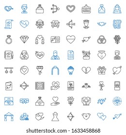 marriage icons set. Collection of marriage with cupid, heart, love, wedding dress, newlyweds, wedding arch, diamond, bouquet, engagement ring. Editable and scalable marriage icons.