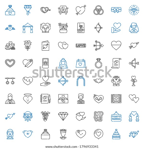 marriage icons set.\
Collection of marriage with diamond, wedding cake, love, heart,\
bouquet, engagement ring, bride, just married, wedding car.\
Editable and scalable marriage\
icons.