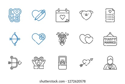 marriage icons set. Collection of marriage with groom, cupid, engagement ring, heart, just married, hearts, bouquet, wedding planning, love. Editable and scalable marriage icons.