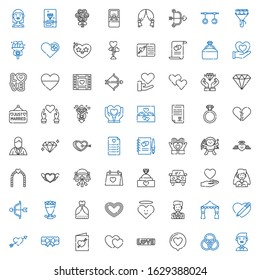 marriage icons set. Collection of marriage with groom, rings, love, hearts, wedding invitation, garter, cupid, heart, wedding arch, wedding dress. Editable and scalable marriage icons.