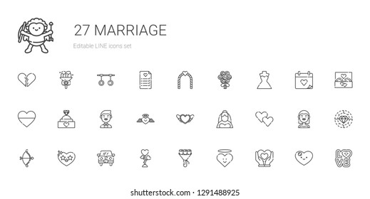 marriage icons set. Collection of marriage with heart, bouquet, love, wedding car, cupid, bride, groom, engagement ring, wedding dress, wedding arch. Editable and scalable marriage icons.
