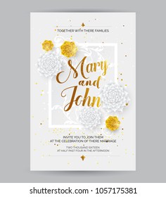 Marriage Invitation Card Background with Decorative White and Golden Flowers Ornament