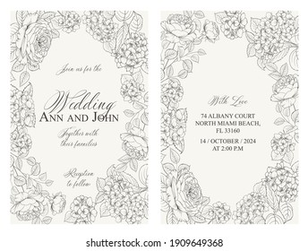 Marriage invitation card with custom sign and flower frame. Vector illustration