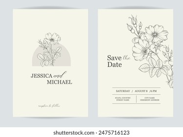 Marriage invitation card with custom sign and flower frame over beige background. Vector illustration.