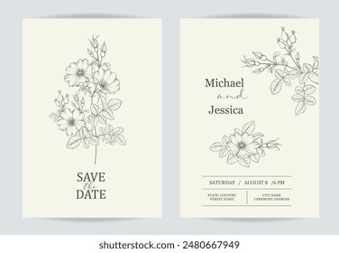 Marriage invitation card with custom sign and flower frame over beige background. Vector illustration.