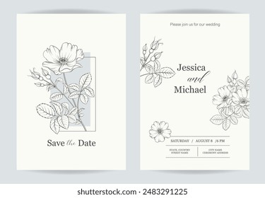 Tarjeta de invitación de matrimonio con signo personalizado y marco de flores sobre fondo beige. Ilustración vectorial.