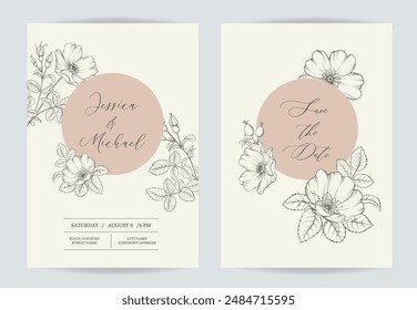 Tarjeta de invitación de matrimonio con signo personalizado y marco de flores sobre fondo beige. Ilustración vectorial.