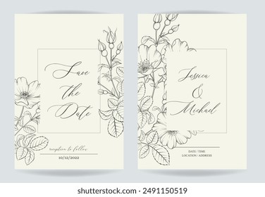 Marriage invitation card with custom sign and flower frame over beige background. Vector illustration.