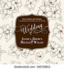 Marriage invitation card with custom sign and flower frame over floral background. Vector illustration