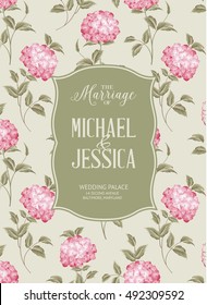 Marriage invitation card with custom sign and flower frame over gray background with hydrangea flowers. Vector illustration.