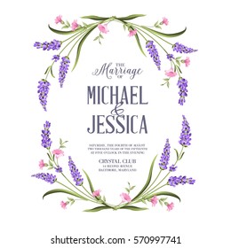 Marriage invitation card with custom sign and flower frame. Lavender frame for provence card. Printable vintage marriage invitation with flowers over white. Lavender sign label. Vector illustration.