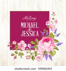 Marriage invitation card with custom sign and flower frame over wooden background. Vector illustration.