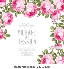 Marriage invitation card with custom sign and flower frame over white background. Vector illustration.